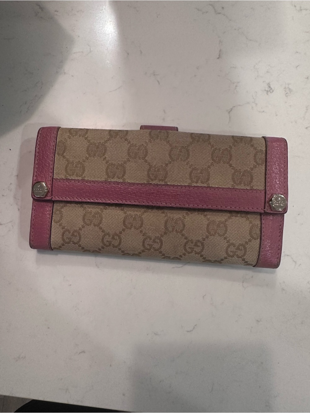 Gucci Beige GG Canvas Wallet with Pink Leather Trim
